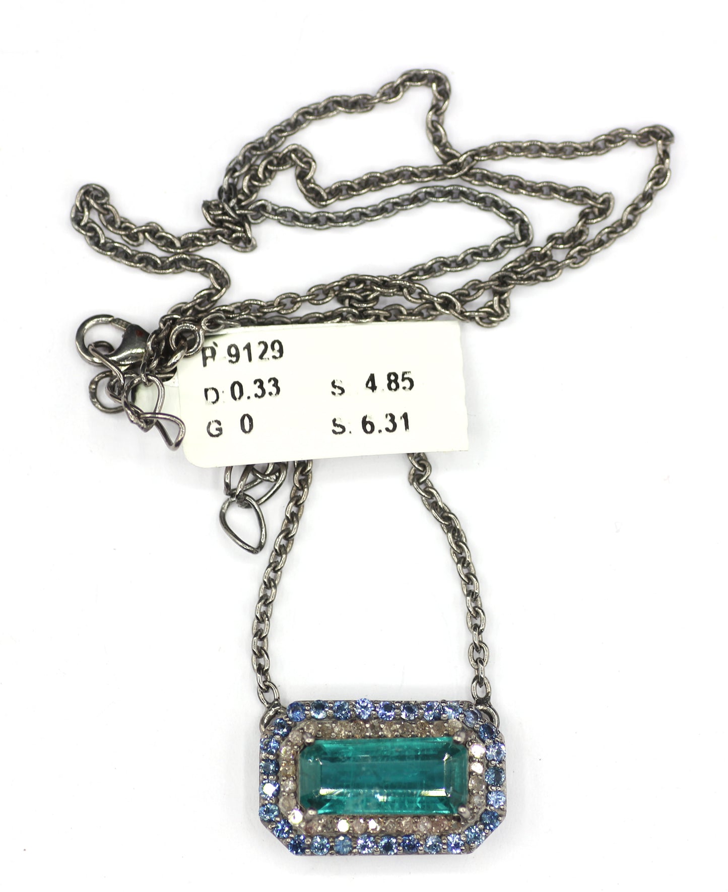 Green Kyanite sterling silver Diamond Pendant Necklace With Blue Sapphire Stone