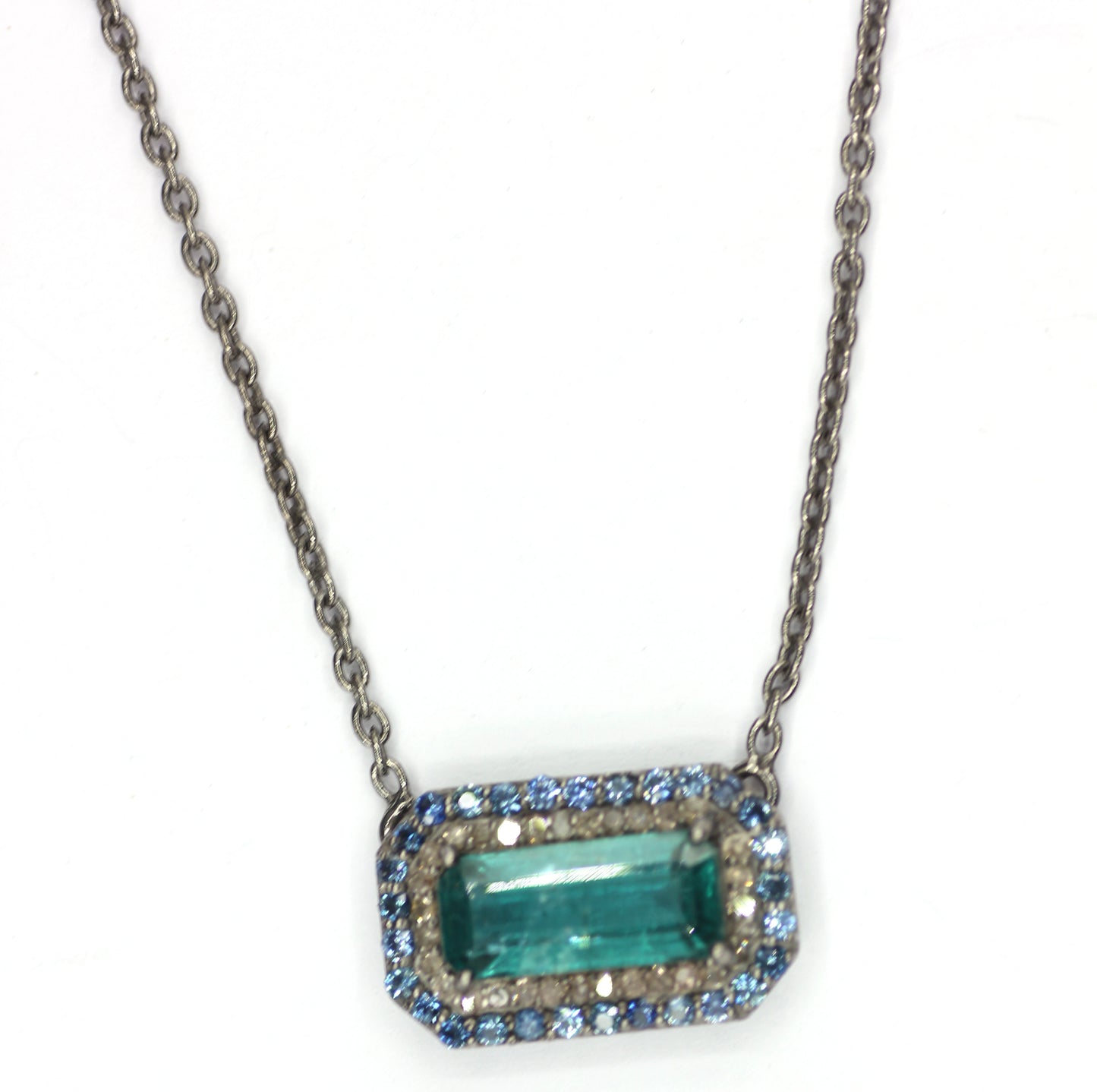 Green Kyanite sterling silver Diamond Pendant Necklace With Blue Sapphire Stone