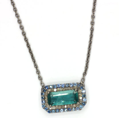 Green Kyanite sterling silver Diamond Pendant Necklace With Blue Sapphire Stone