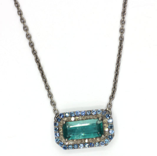 Green Kyanite sterling silver Diamond Pendant Necklace With Blue Sapphire Stone