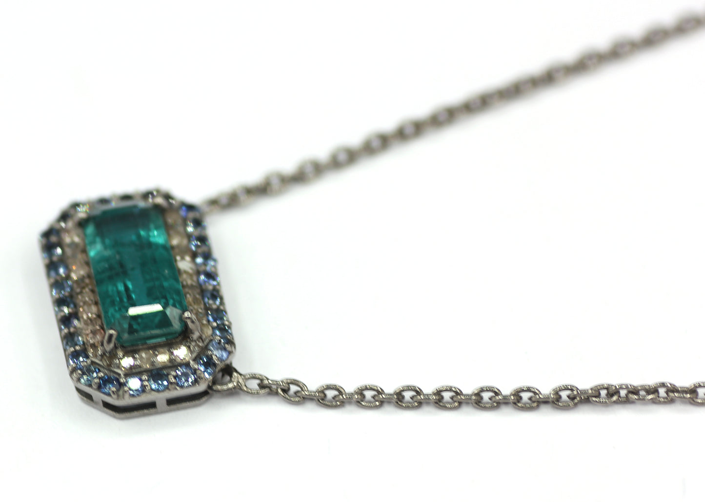 Green Kyanite sterling silver Diamond Pendant Necklace With Blue Sapphire Stone