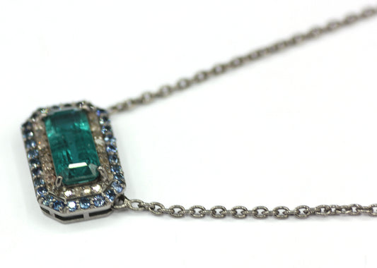 Green Kyanite sterling silver Diamond Pendant Necklace With Blue Sapphire Stone