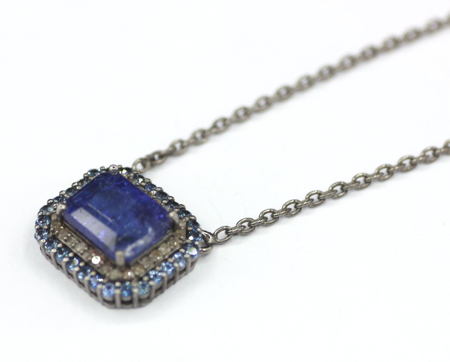 Tanzanite sterling silver Diamond Pendant Necklace With Blue Stone Stone