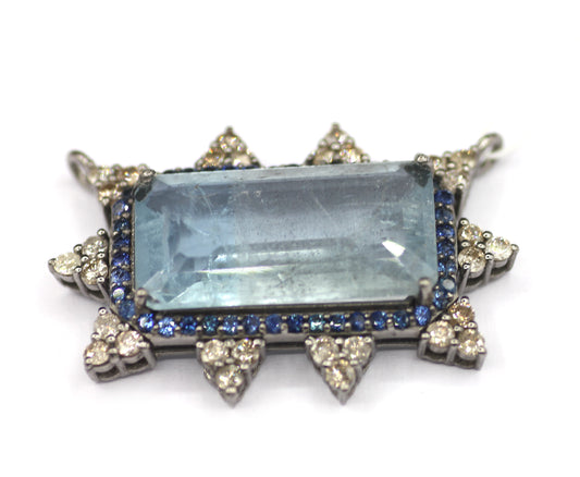 Aquamarine sterling silver Diamond Pendant With Blue Sapphire Stone
