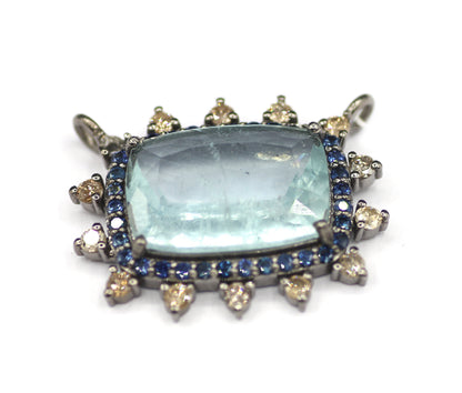 Aquamarine sterling silver Diamond Pendant With Blue Sapphire Stone