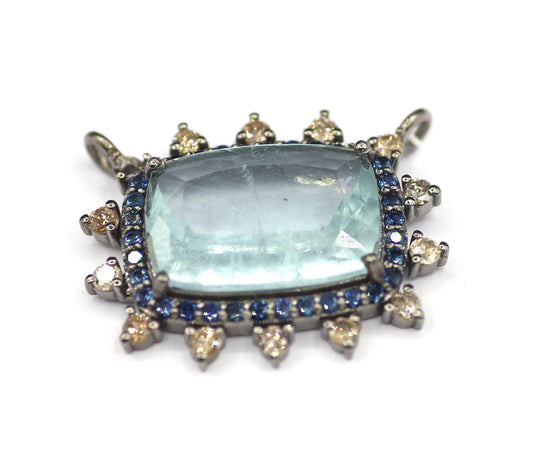 Aquamarine sterling silver Diamond Pendant With Blue Sapphire Stone
