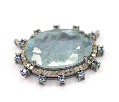 Aquamarine sterling silver Diamond pendant With Blue Sapphire Stone