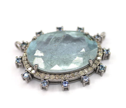 Aquamarine sterling silver Diamond pendant With Blue Sapphire Stone