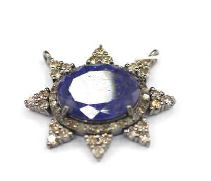 Emerald sterling silver Diamond Pendant With Blue Sapphire Stone