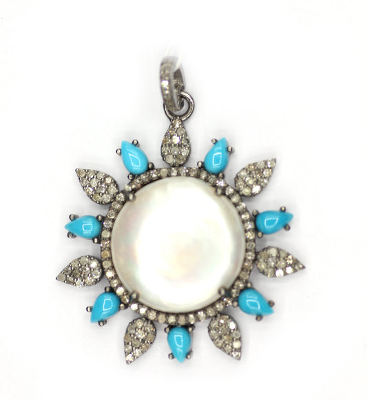 Pearl sterling silver Diamond Pendant With Turquoise Stone