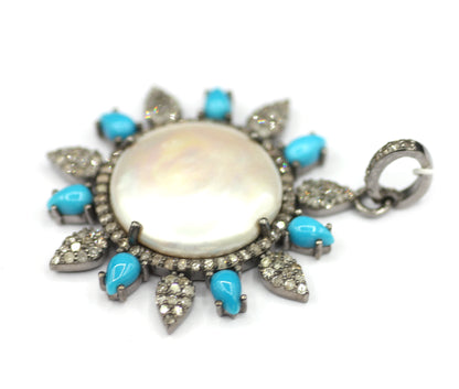 Pearl sterling silver Diamond Pendant With Turquoise Stone