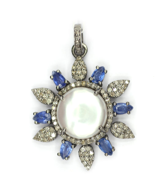 Pearl sterling silver Diamond Pendant With Kyanite Stone