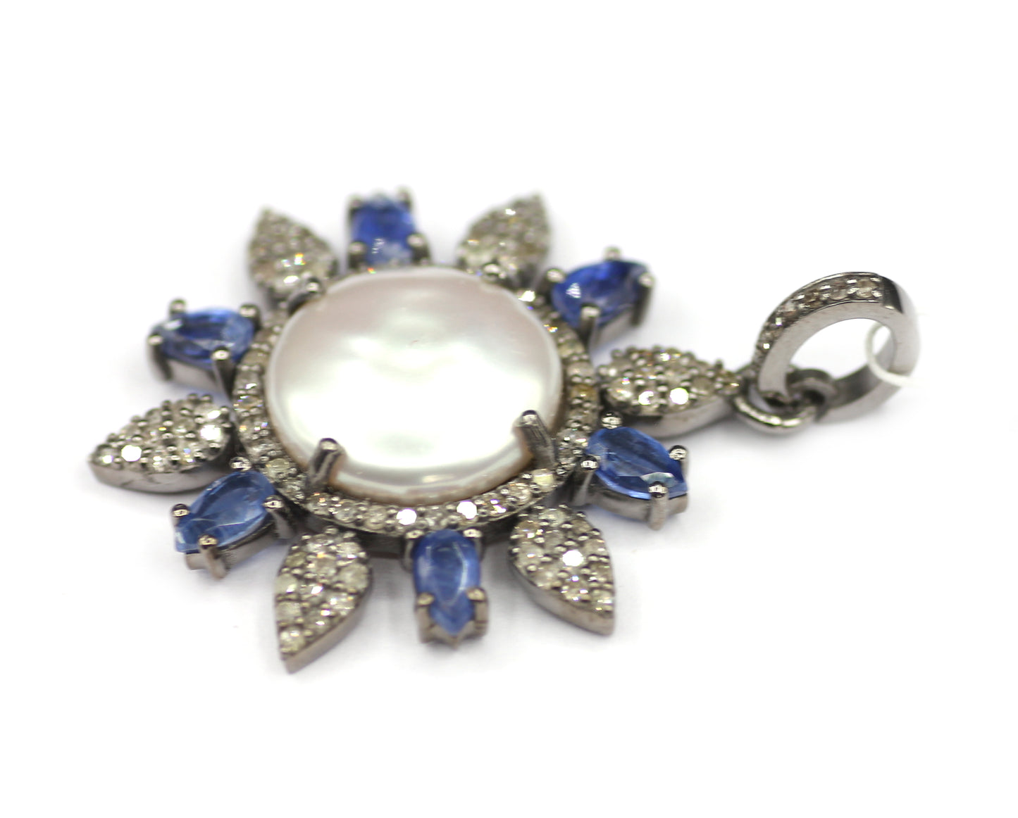 Pearl sterling silver Diamond Pendant With Kyanite Stone