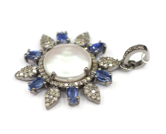 Pearl sterling silver Diamond Pendant With Kyanite Stone