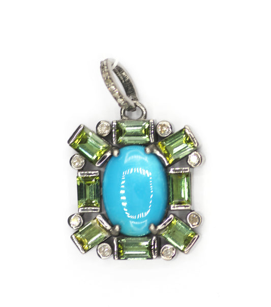 Green Tourmaline sterling silver Diamond Pendant With Turquoise Stone