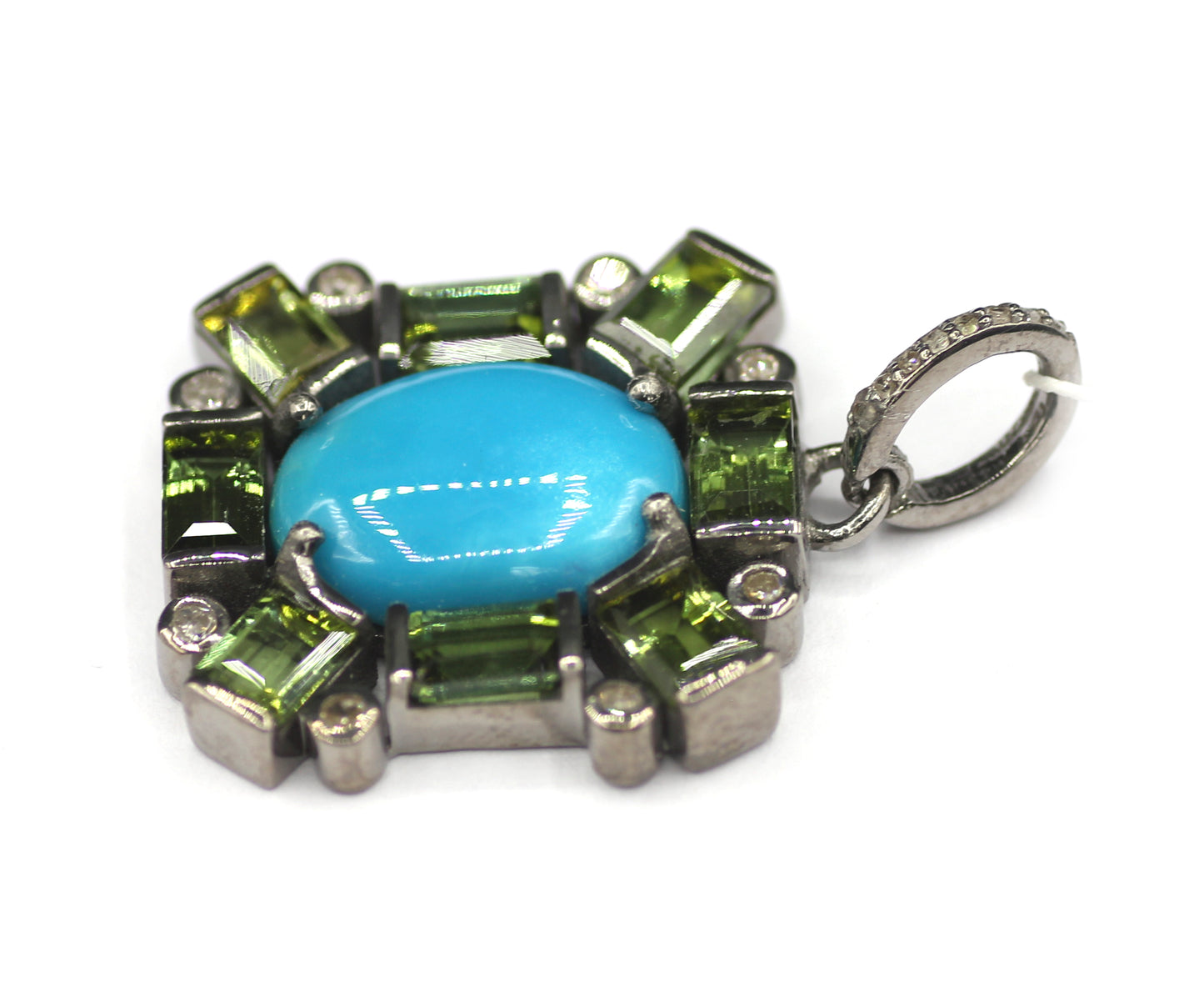 Green Tourmaline sterling silver Diamond Pendant With Turquoise Stone