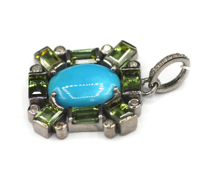 Green Tourmaline sterling silver Diamond Pendant With Turquoise Stone