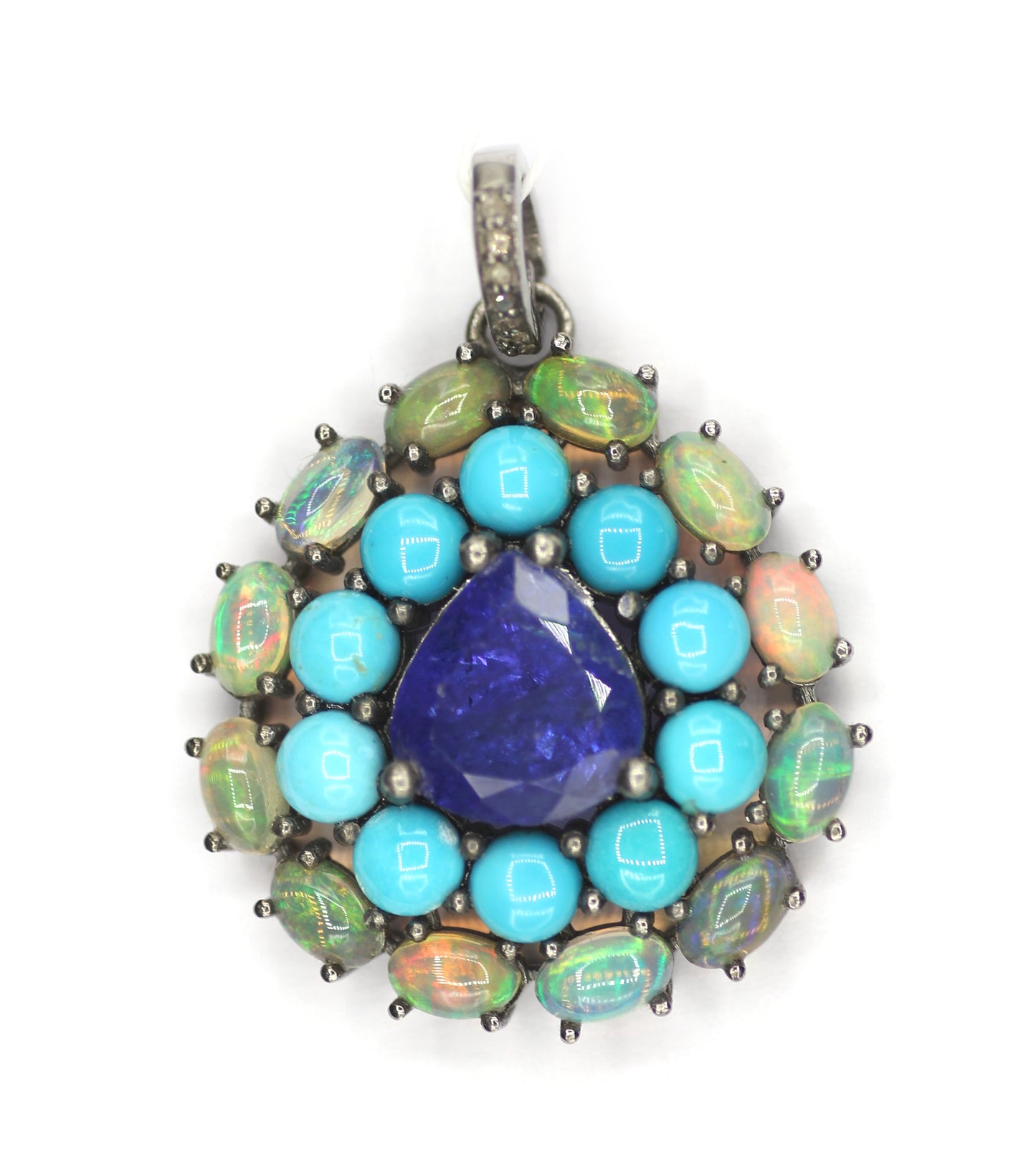 Tanzanite sterling silver Diamond pendant With Ethiopian opal & Turquoise Stone