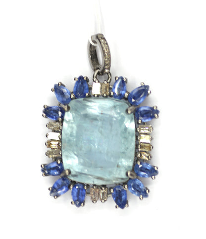 Kyanite sterling silver Diamond Pendant With Aquamarine Stone