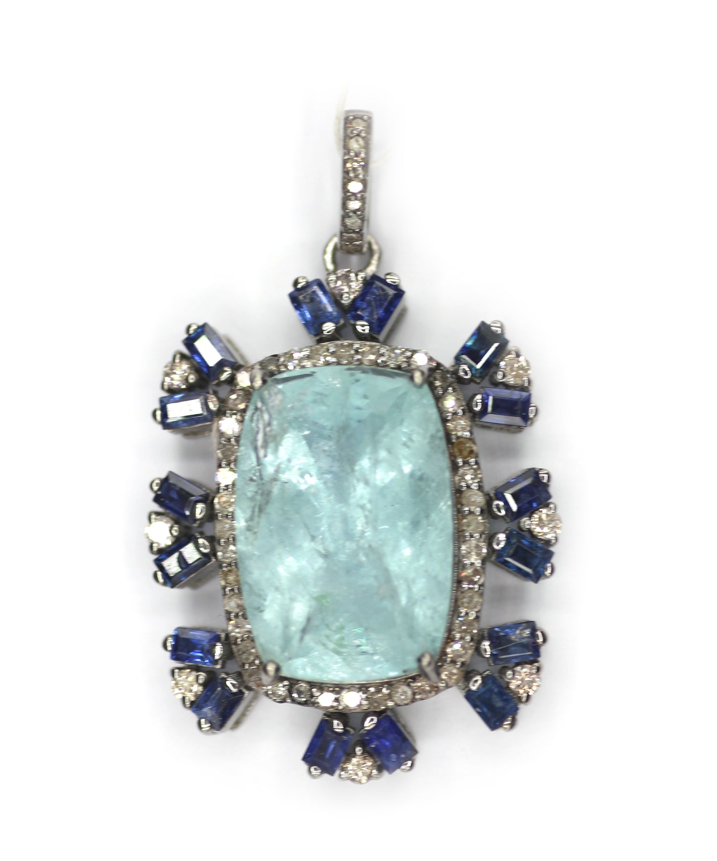 Aquamarine sterling silver Diamond Pendant With Blue Sapphire Stone