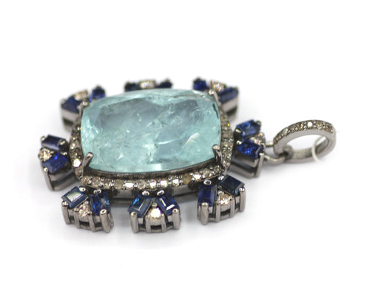 Aquamarine sterling silver Diamond Pendant With Blue Sapphire Stone
