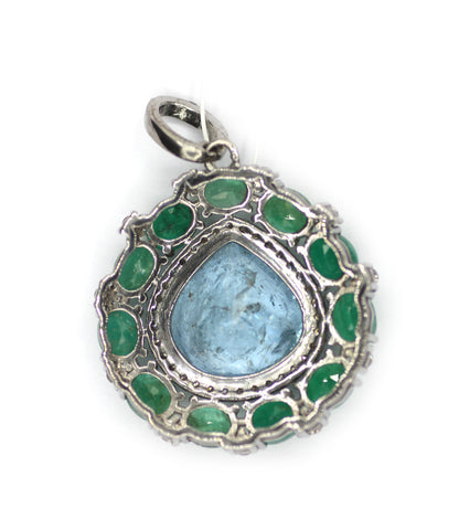 Aquamarine sterling silver Diamond pendant With Emerald Stone