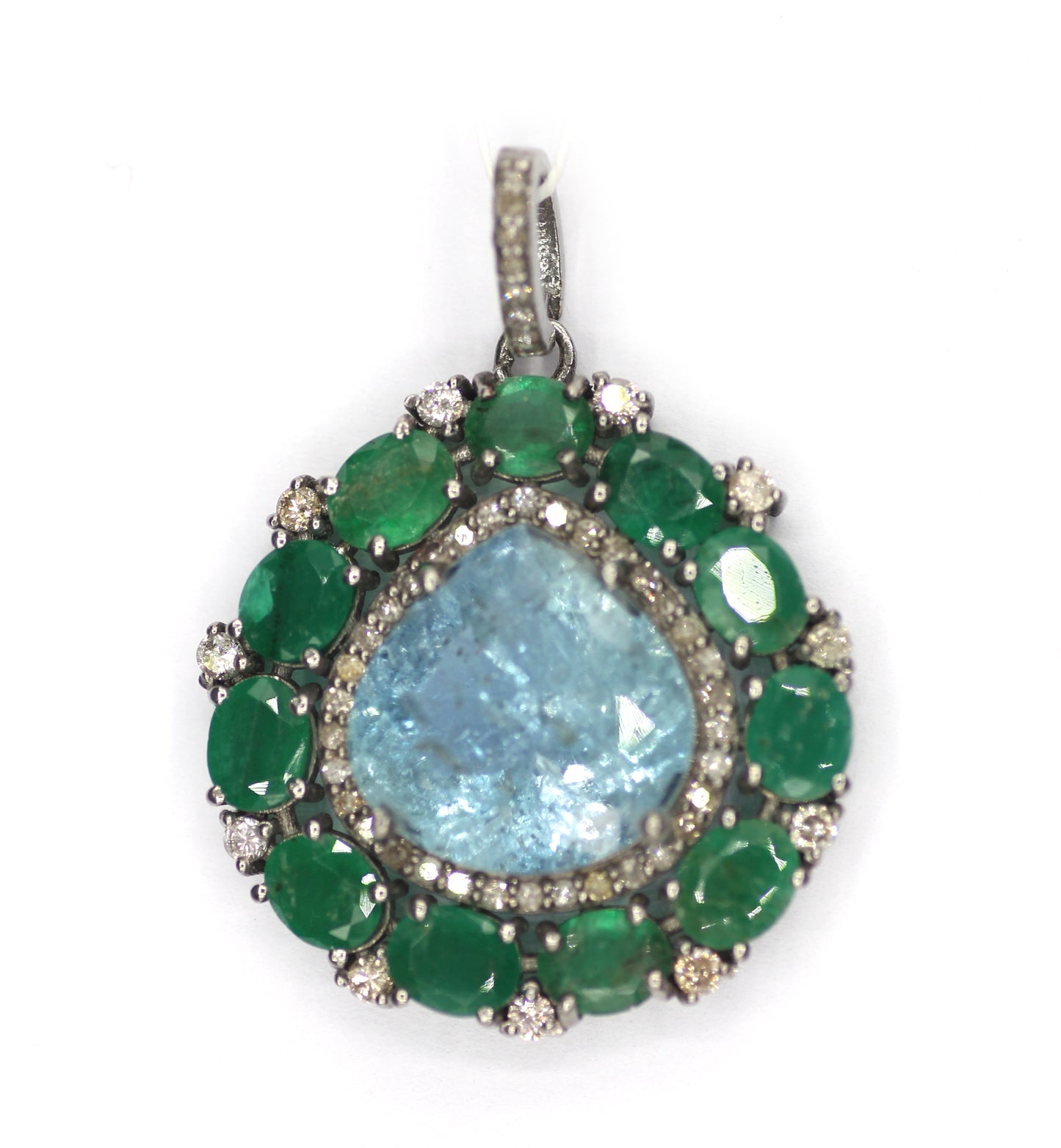 Aquamarine sterling silver Diamond pendant With Emerald Stone