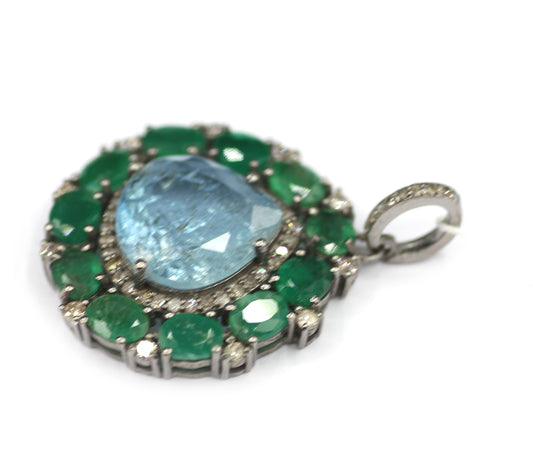 Aquamarine sterling silver Diamond pendant With Emerald Stone