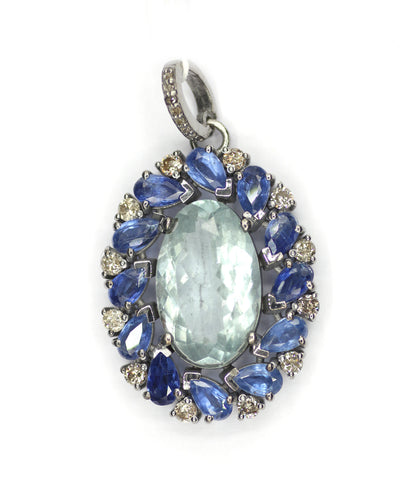 Aquamarine sterling silver Diamond pendant With Kynite Stone