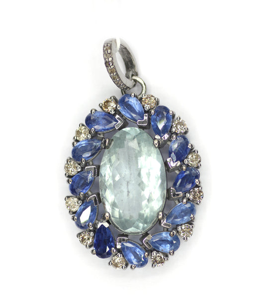 Aquamarine sterling silver Diamond pendant With Kynite Stone