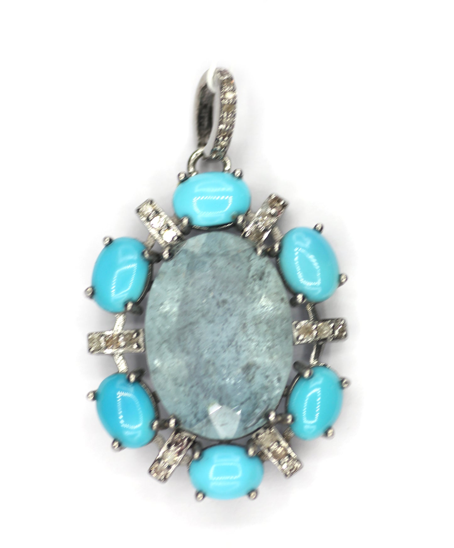 Aquamarine sterling silver Diamond pendant With Turquoise Stone