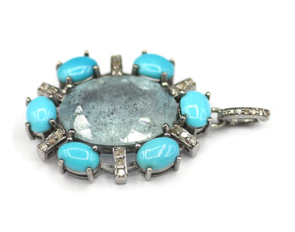 Aquamarine sterling silver Diamond pendant With Turquoise Stone