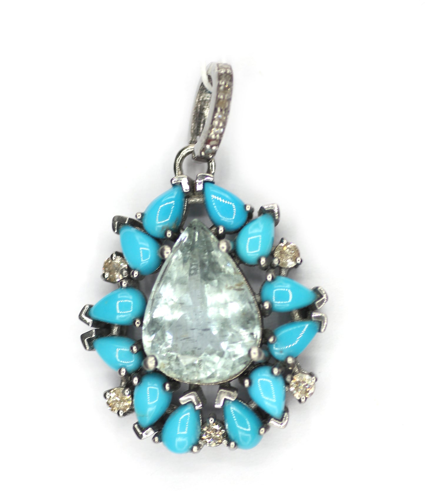 Aquamarine sterling silver Diamond pendant With Turquoise Stone
