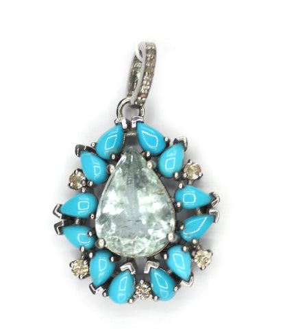 Aquamarine sterling silver Diamond pendant With Turquoise Stone