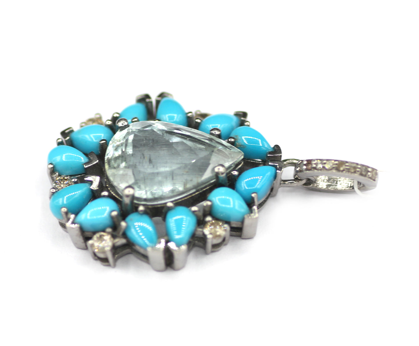 Aquamarine sterling silver Diamond pendant With Turquoise Stone