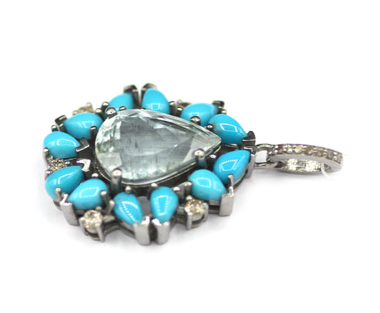 Aquamarine sterling silver Diamond pendant With Turquoise Stone