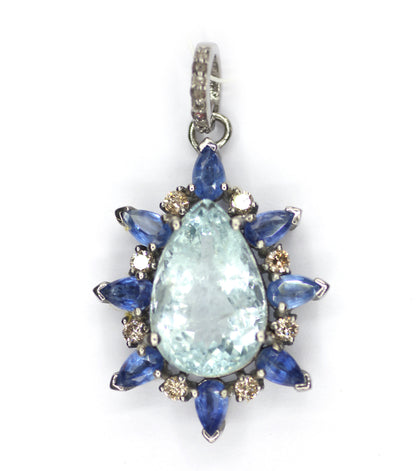 Aquamarine sterling silver Diamond Pendant With Kynite Stone