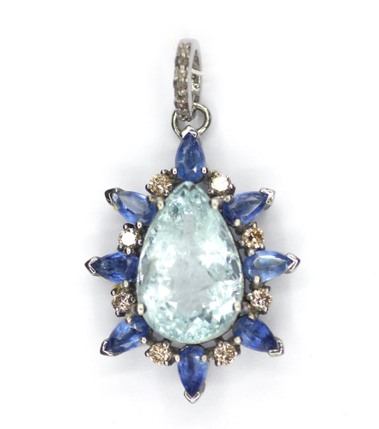 Aquamarine sterling silver Diamond Pendant With Kynite Stone