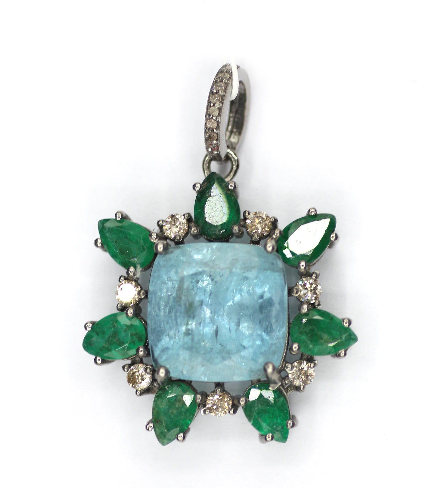 Aquamarine sterling silver Diamond pendant With Emerald Stone