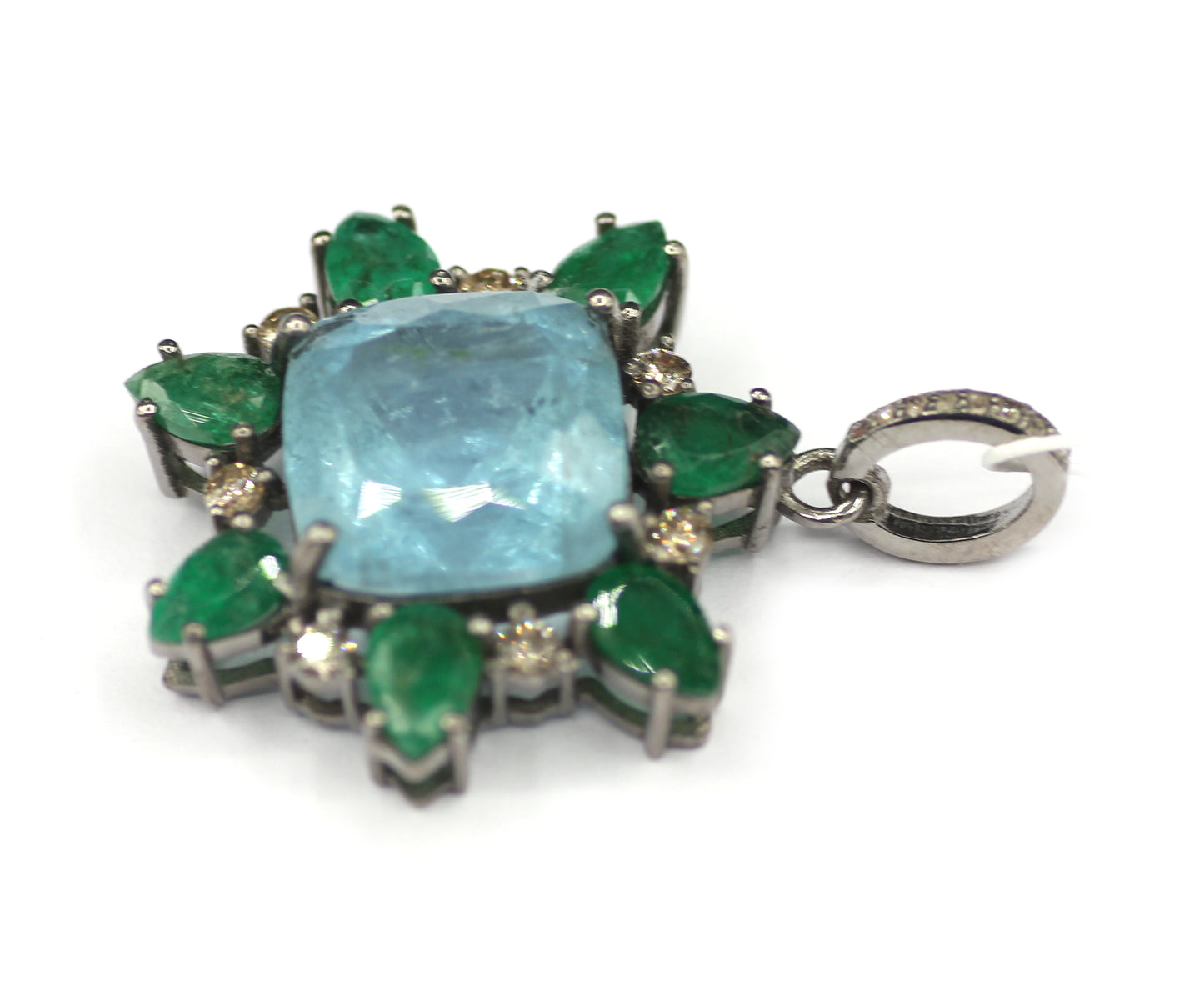 Aquamarine sterling silver Diamond pendant With Emerald Stone