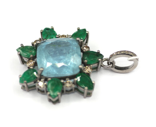 Aquamarine sterling silver Diamond pendant With Emerald Stone