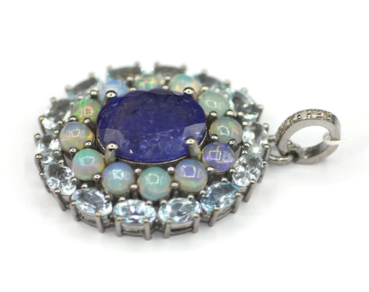 Tanzanite sterling silver Diamond pendant With Aquamarine & Ethiopian opal Stone