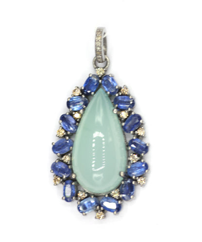Chrysoprase sterling silver Diamond pendant With Kynite Stone