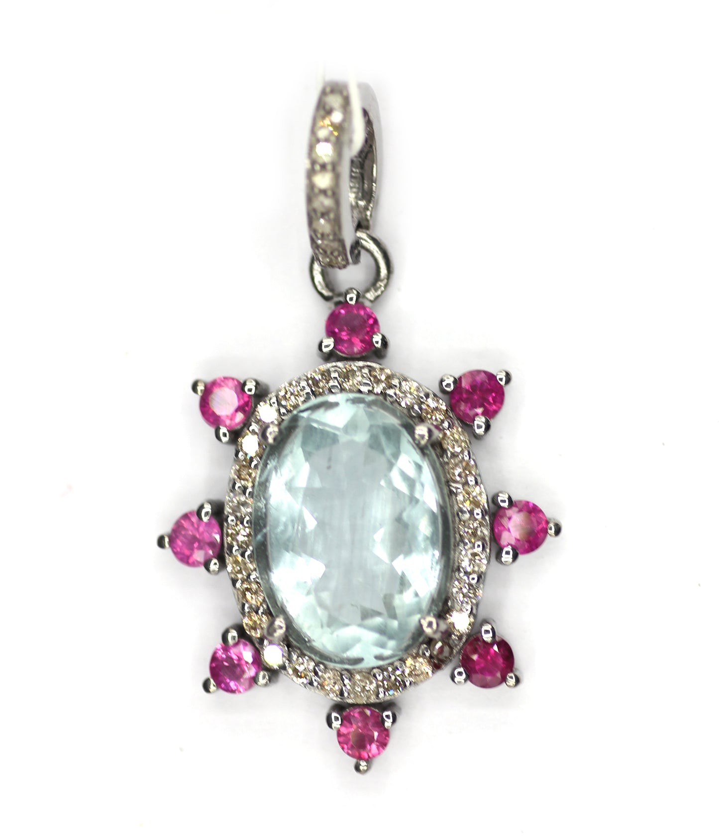 Aquamarine sterling silver Diamond pendant With Ruby Stone