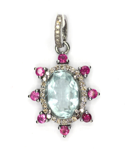 Aquamarine sterling silver Diamond pendant With Ruby Stone