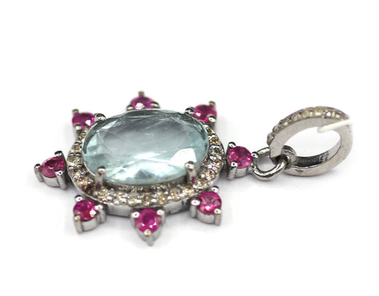 Aquamarine sterling silver Diamond pendant With Ruby Stone