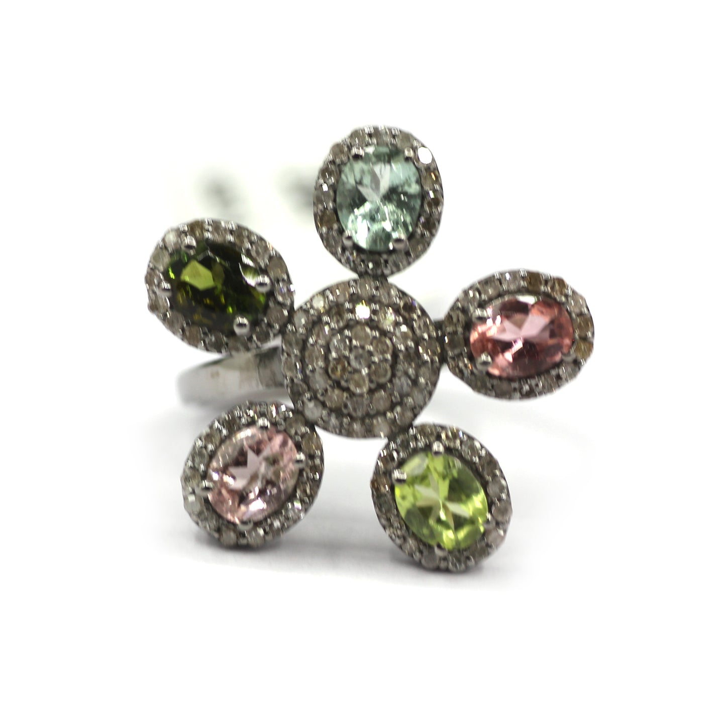 Multi Tourmaline Silver Diamond Ring