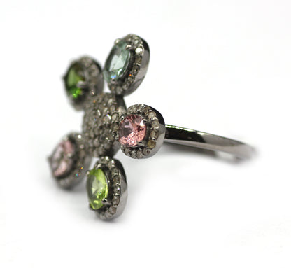 Multi Tourmaline Silver Diamond Ring