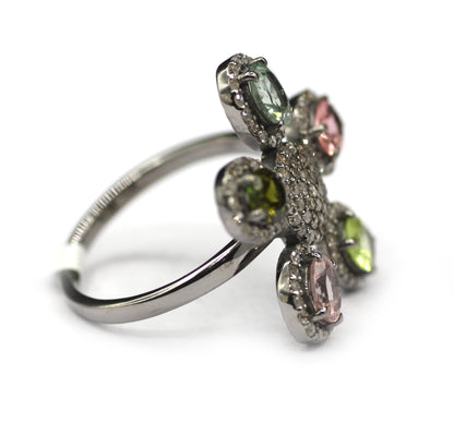 Multi Tourmaline Silver Diamond Ring