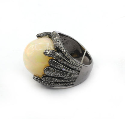 Opal Silver Pave Diamond Ring .925 Oxidized Sterling Silver Diamond Ring